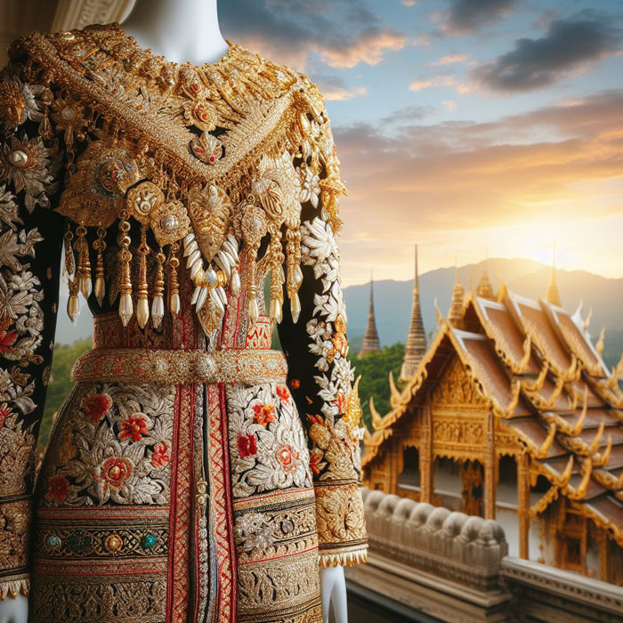 traditional Thai silk dress embellished with gold jewelry