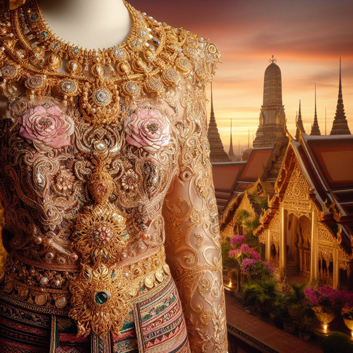 traditional Thai silk dress embellished with gold jewelry