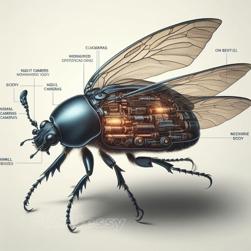 Create a realistic image, a beetle, spread wings, transparent body, visible. There are mechanisms, mechanisms,