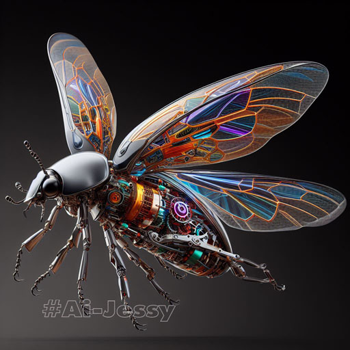 Create a realistic image, a beetle, spread wings, transparent body, visible. There are mechanisms, mechanisms,