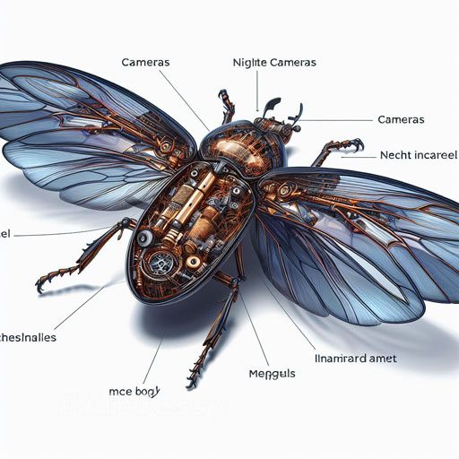 Create a realistic image, a beetle, spread wings, transparent body, visible. There are mechanisms, mechanisms,