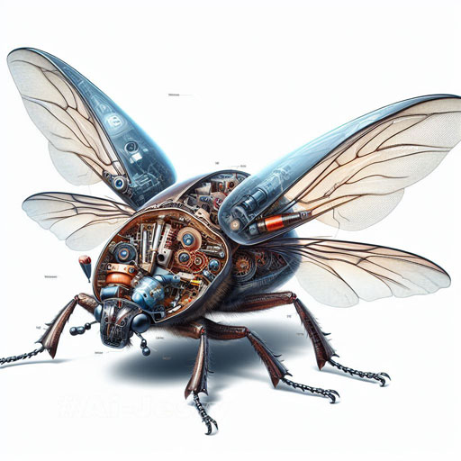 Create a realistic image, a beetle, spread wings, transparent body, visible. There are mechanisms, mechanisms,