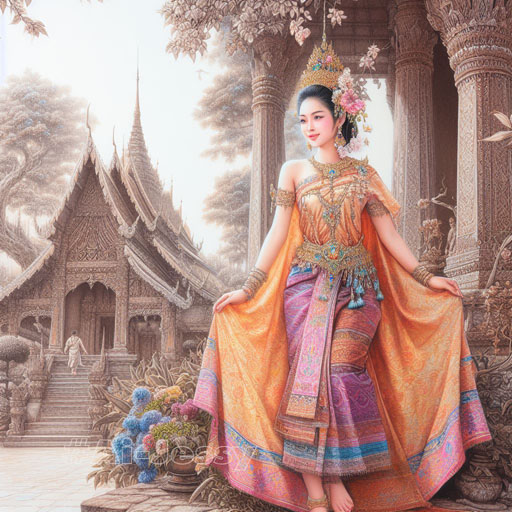 Beautiful Girl, Painting, Thai Dress, Temple,