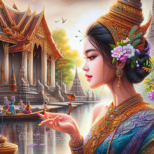 Beautiful Girl, Painting, Thai Dress, Temple,