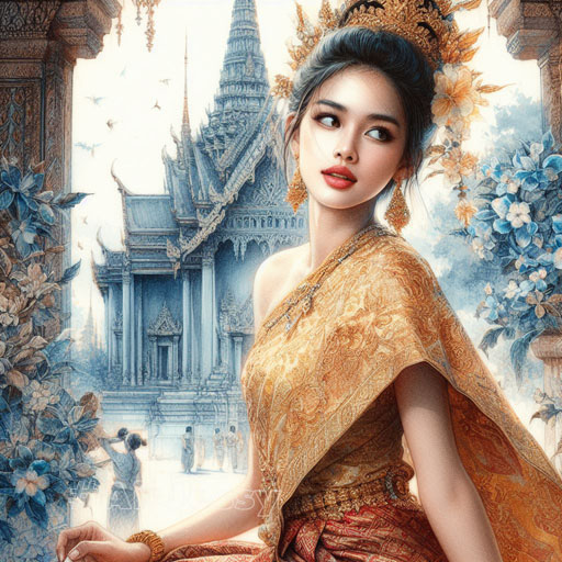 Beautiful Girl, Painting, Thai Dress, Temple,