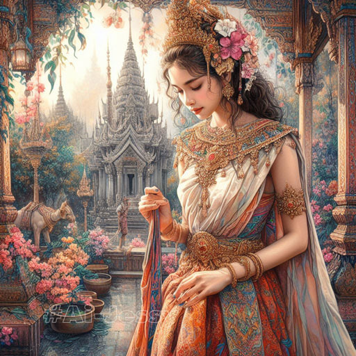 Beautiful Girl, Painting, Thai Dress, Temple,