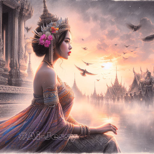 Beautiful Girl, Painting, Thai Dress, Temple,