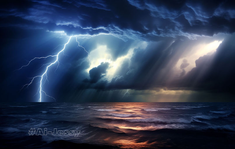 The dark tempest, strong #f4831b background, three points of light, eerie, sunlit, dark ambience, iridescent, crepuscular rays, stormy sky, turbulent 