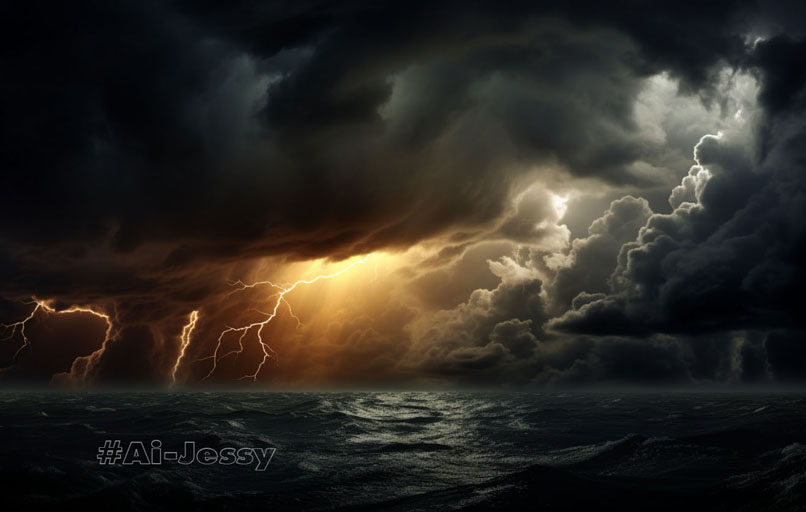 The dark tempest, strong #f4831b background, three points of light, eerie, sunlit, dark ambience, iridescent, crepuscular rays, stormy sky, turbulent 