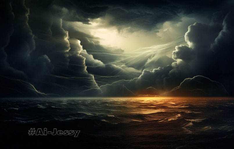 The dark tempest, strong #f4831b background, three points of light, eerie, sunlit, dark ambience, iridescent, crepuscular rays, stormy sky, turbulent 