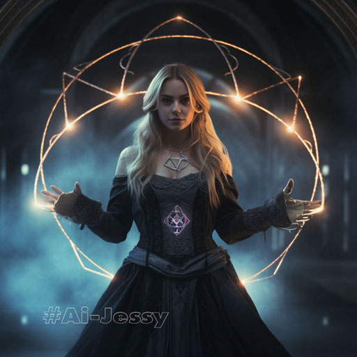 a beautiful witch standingwith Fullmetal alchemist magic circle