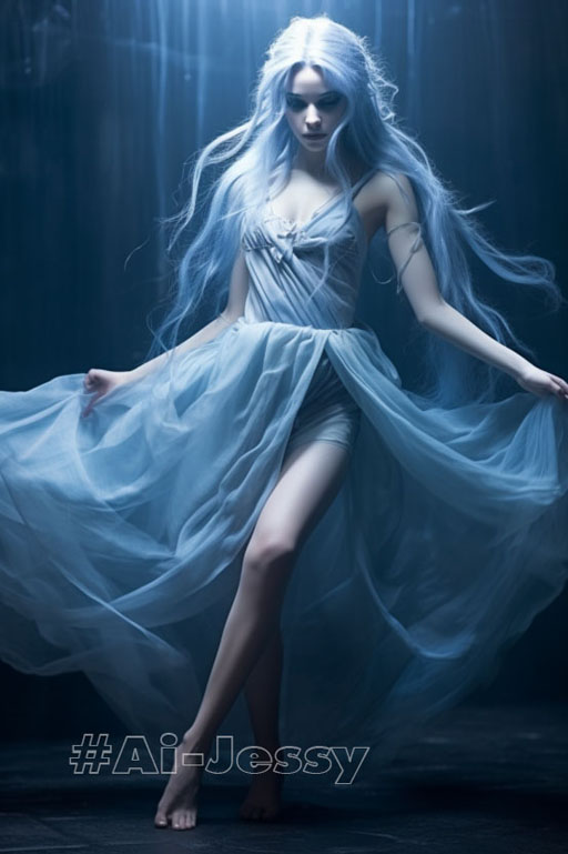 beautiful ethereal female elf wearing wispy clothing, bare feet, long blue hair, pointed ears