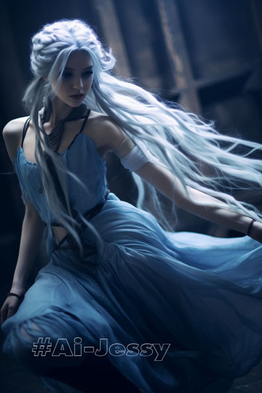 beautiful ethereal female elf wearing wispy clothing, bare feet, long blue hair, pointed ears