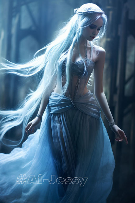 beautiful ethereal female elf wearing wispy clothing, bare feet, long blue hair, pointed ears