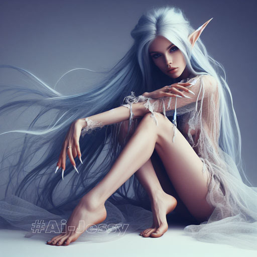 beautiful ethereal female elf wearing wispy clothing, bare feet, long blue hair, pointed ears