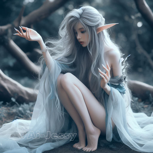 beautiful ethereal female elf wearing wispy clothing, bare feet, long blue hair, pointed ears