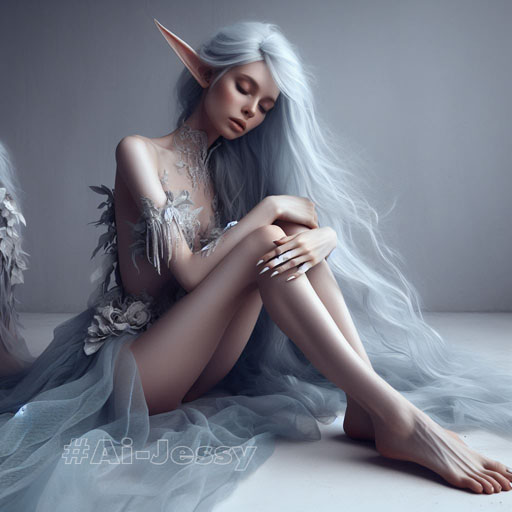 beautiful ethereal female elf wearing wispy clothing, bare feet, long blue hair, pointed ears