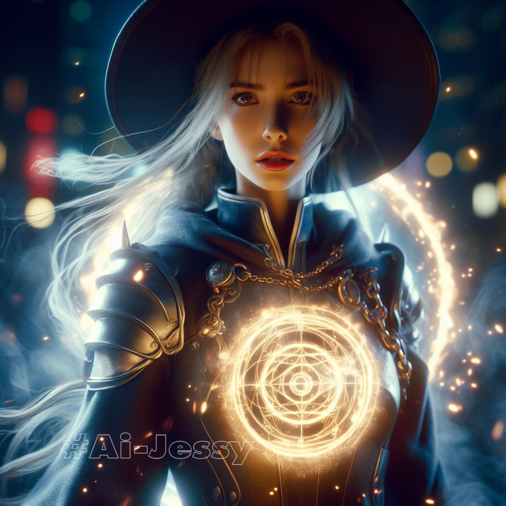 a beautiful witch standingwith Fullmetal alchemist magic circle