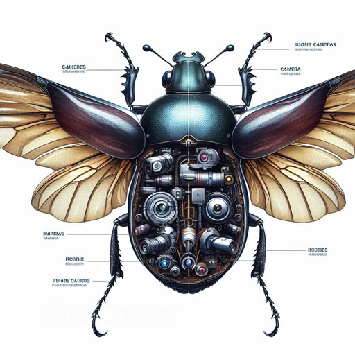 Create a realistic image, a beetle, spread wings, transparent body, visible. There are mechanisms, mechanisms,