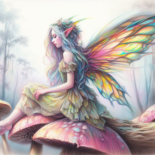 color pencil sketch portrait of a winged forest fairy with colorful long long ears sitting on a large