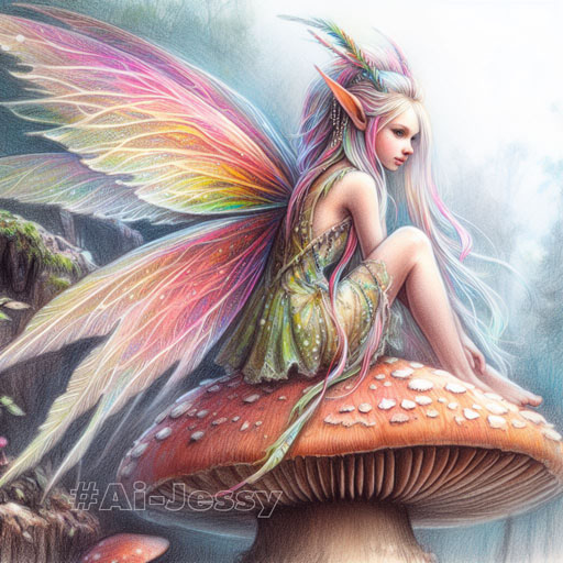 color pencil sketch portrait of a winged forest fairy with colorful long long ears sitting on a large