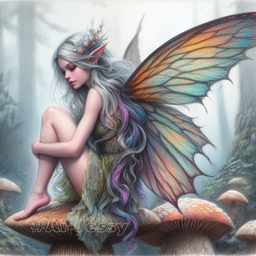 color pencil sketch portrait of a winged forest fairy with colorful long long ears sitting on a large