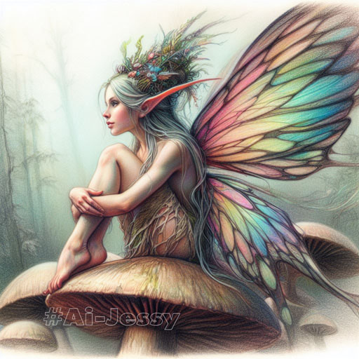 color pencil sketch portrait of a winged forest fairy with colorful long long ears sitting on a large