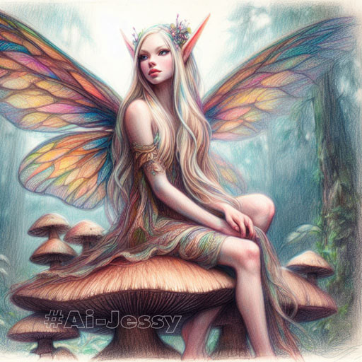 color pencil sketch portrait of a winged forest fairy with colorful long long ears sitting on a large