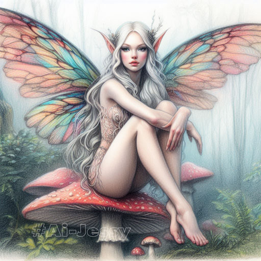 color pencil sketch portrait of a winged forest fairy with colorful long long ears sitting on a large