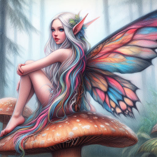 color pencil sketch portrait of a winged forest fairy with colorful long long ears sitting on a large