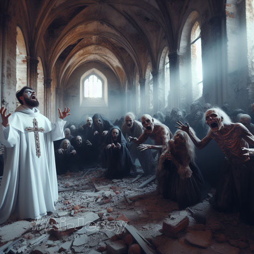 stunningly realistic image of a Christian priest pleading for mercy from a horde of ghastly ghouls and spirits in an abandoned