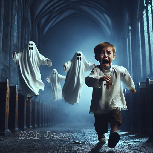 A little Christian priest run away from halloween ghosts.