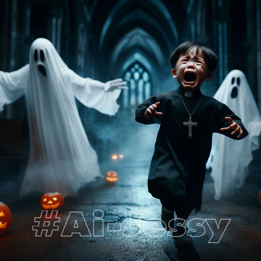 A little Christian priest run away from halloween ghosts.