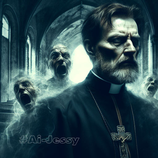 An arresting and chilling image of a Christian priest beset by evil spirits and ghostly apparitions in an abandoned church, his face wrought with emotion, rendered in intricate detail and ultra-high definition.