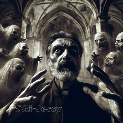 arresting and chilling image of a Christian priest beset by evil spirits and ghostly