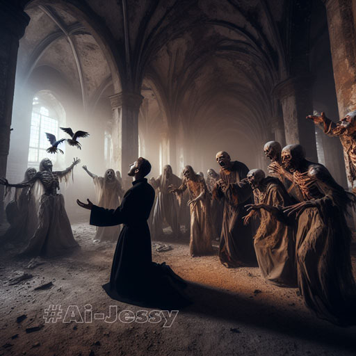 stunningly realistic image of a Christian priest pleading for mercy from a horde of ghastly ghouls and spirits in an abandoned