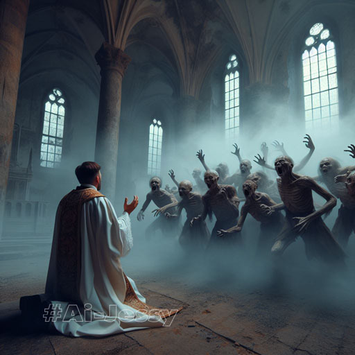 stunningly realistic image of a Christian priest pleading for mercy from a horde of ghastly ghouls and spirits in an abandoned