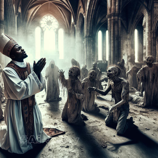 stunningly realistic image of a Christian priest pleading for mercy from a horde of ghastly ghouls and spirits in an abandoned