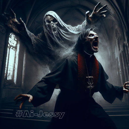 An arresting and chilling image of a Christian priest beset by evil spirits and ghostly apparitions in an abandoned church, his face wrought with emotion, rendered in intricate detail and ultra-high definition.