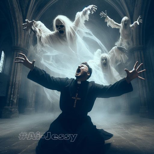 An arresting and chilling image of a Christian priest beset by evil spirits and ghostly apparitions in an abandoned church, his face wrought with emotion, rendered in intricate detail and ultra-high definition.