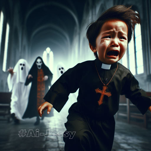 A little Christian priest run away from halloween ghosts.