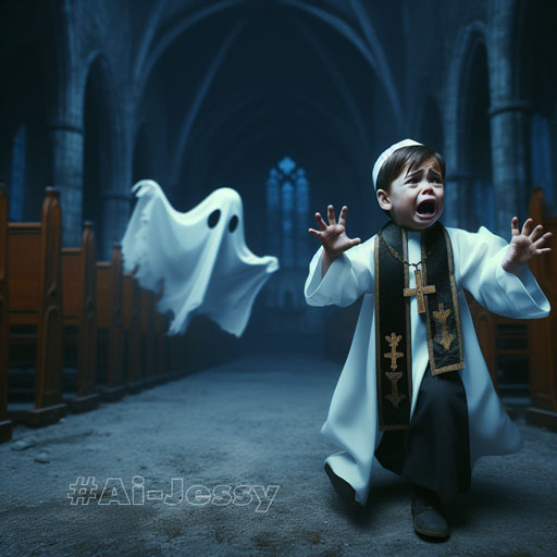 A little Christian priest run away from halloween ghosts.