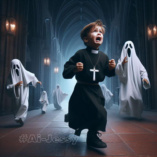 A little Christian priest run away from halloween ghosts.