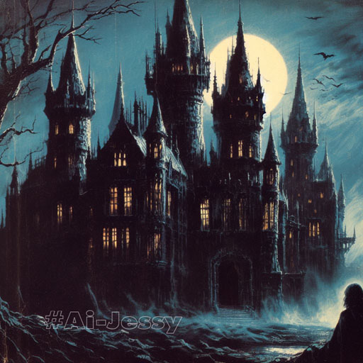 haunted castle with a dark knight in front of it, 1970s dark fantasy book cover art