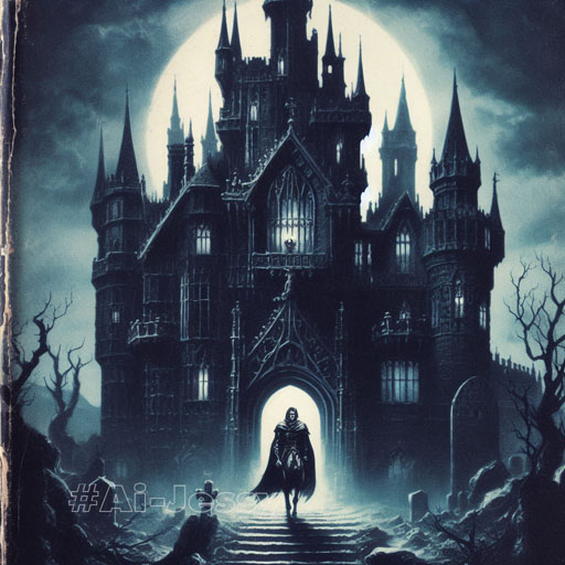 haunted castle with a dark knight in front of it, 1970s dark fantasy book cover art