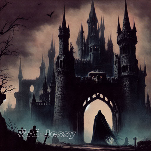 haunted castle with a dark knight in front of it, 1970s dark fantasy book cover art