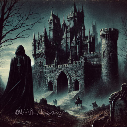 haunted castle with a dark knight in front of it, 1970s dark fantasy book cover art